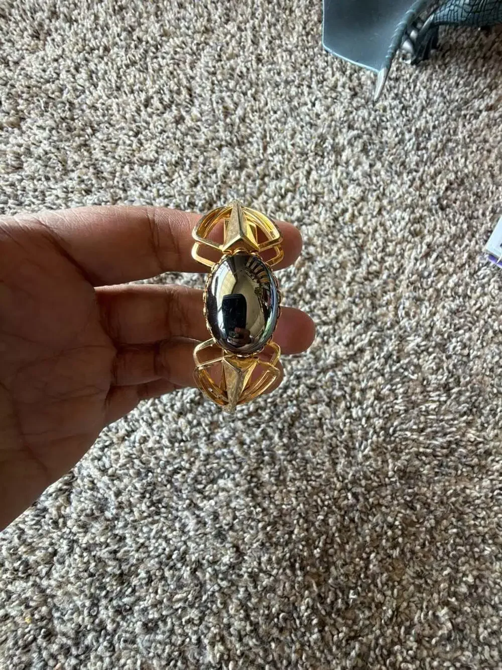 Vintage Gold Tone Hinged Statement Bangle Bracelet with Large Black Cabochon